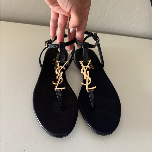YSL Saint Laurent Black/Gold Sandals - Picture 1 of 4